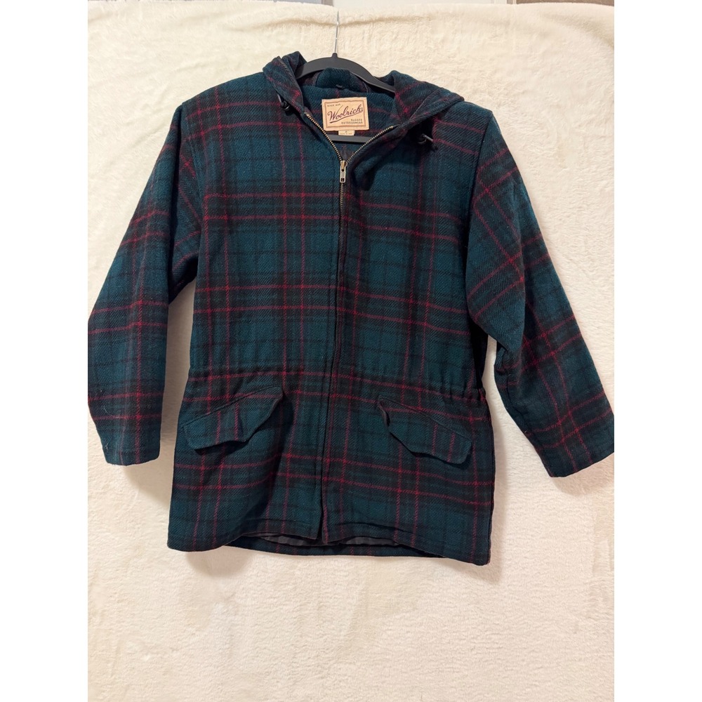 Woolrich Vintage Plaid Hooded Jacket Womens Small Green Red Wool Blend Zip Up